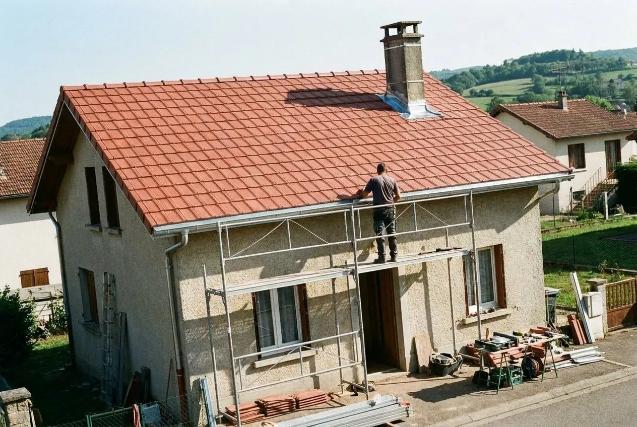 Après : pavillon avec toiture neuve en tuiles mécaniques rouges et abergement de cheminée en zinc, Sorbiers