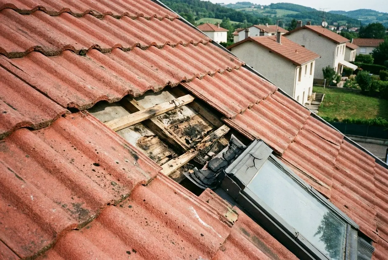 Avant : fenêtre de toit avec raccord d'étanchéité fendu, liteaux pourris et tuiles déposées, La Talaudière