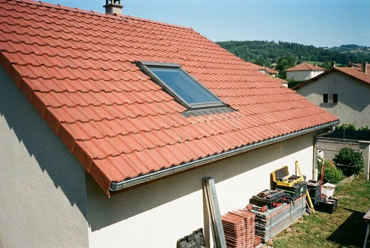 Après : Velux neuf avec raccord d'étanchéité posé dans une toiture en tuiles mécaniques, La Talaudière